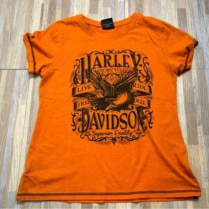 Harley Davidson Orange and Black T-Shirt, Size Medium